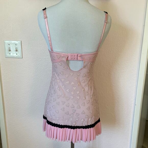 Pink Heart Mesh Babydoll Lingerie Dress Lace Trim Pleated Hem S - Picture 5 of 11
